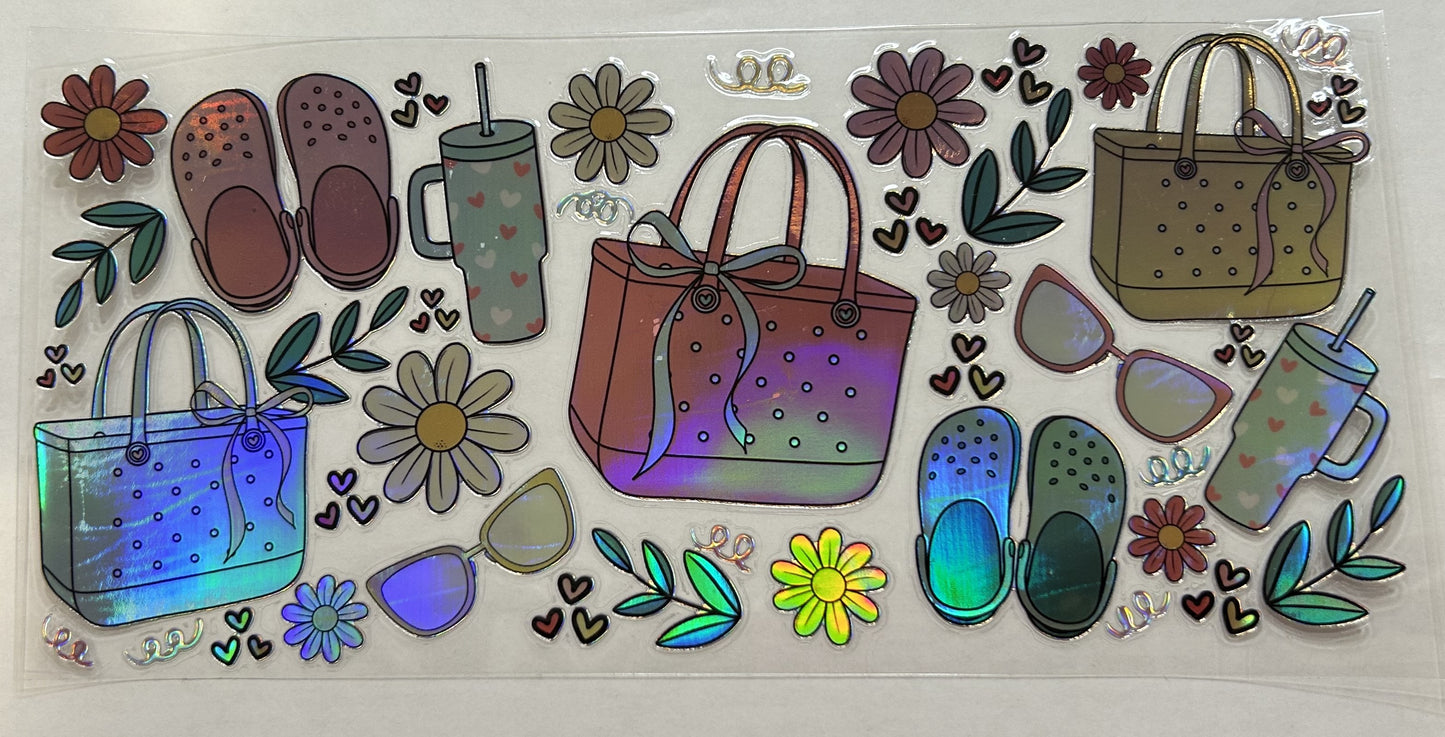 Holographic Crocs, Bag, and Flowers