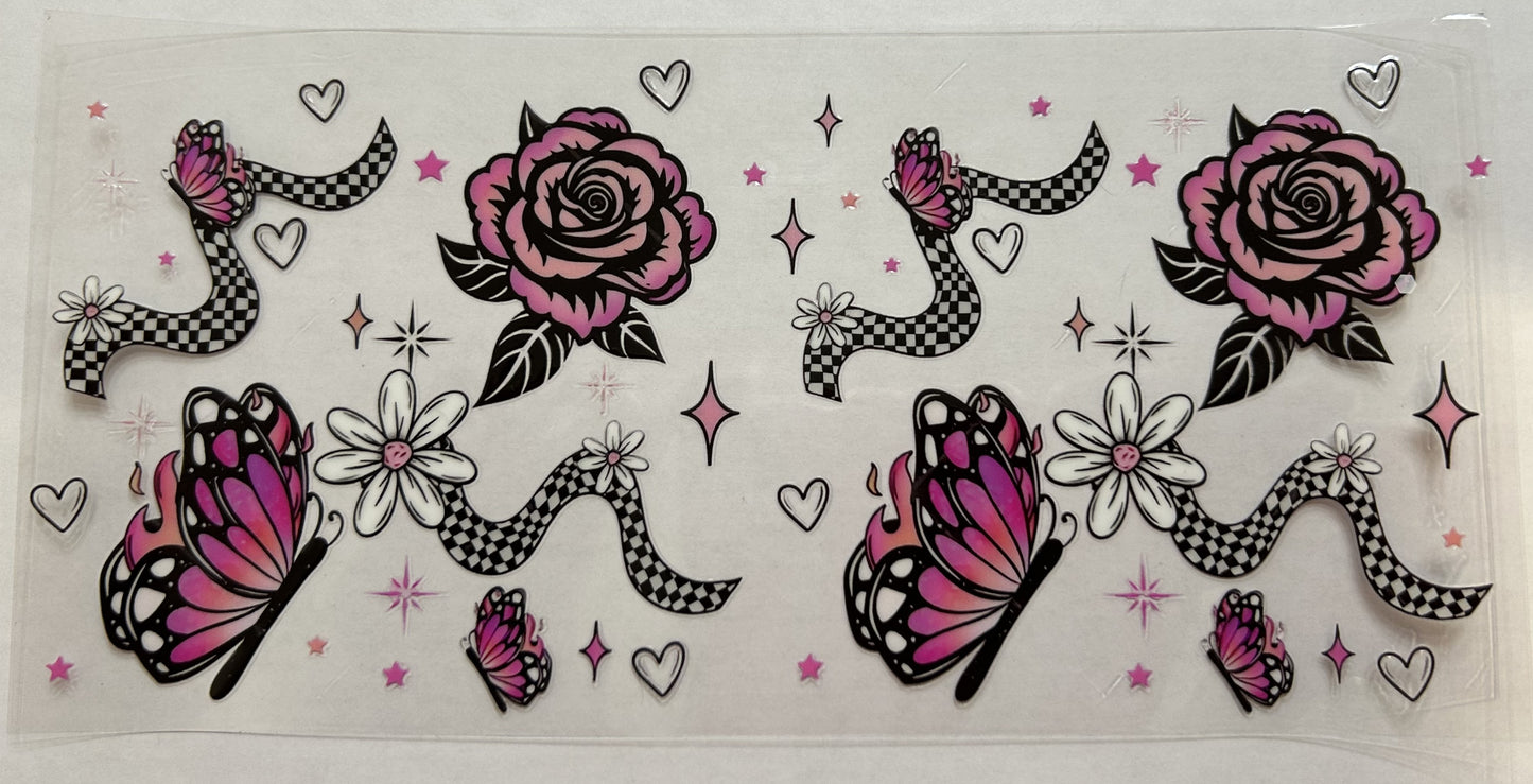 Pink and Checkered Flowers and Butterflies