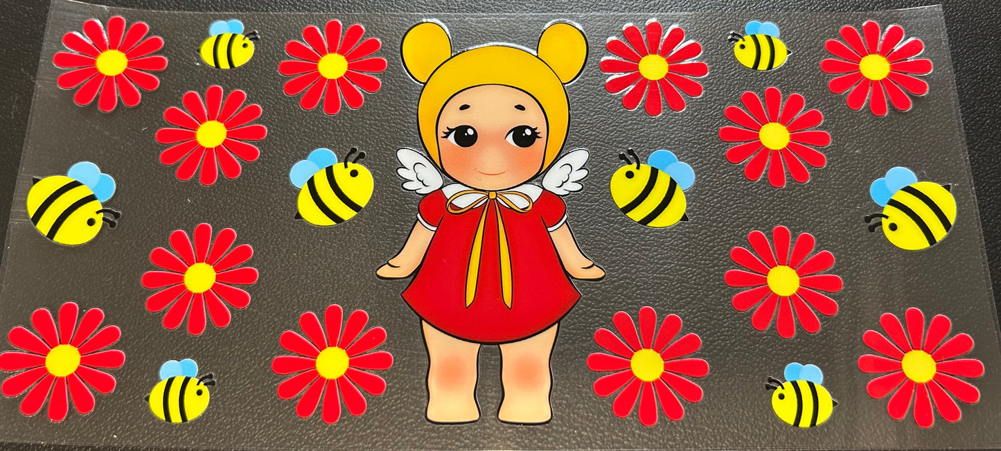 Little girl with red flowers and bees