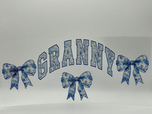 Granny in blue with bows