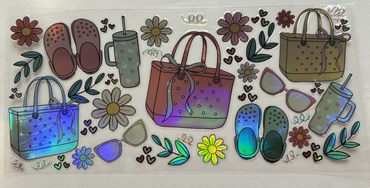 Holographic Crocs, Bag, and Flowers