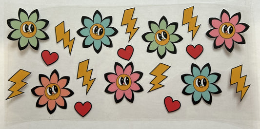 Smiley Face Multi-Colored Flowers and Lightning Bolts