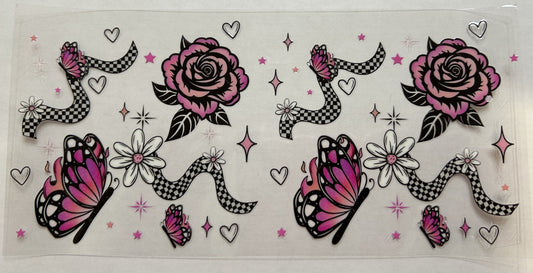 Pink and Checkered Flowers and Butterflies
