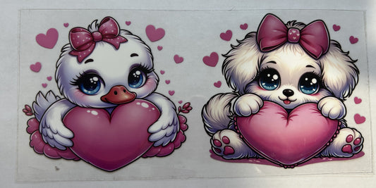 Pup and duck with hearts