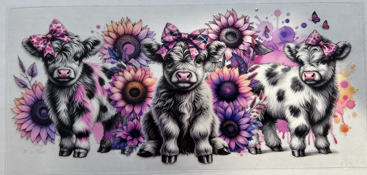 Pink bowed Highland cows with pink flowers