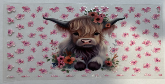 Highland Cow with Pink flowers
