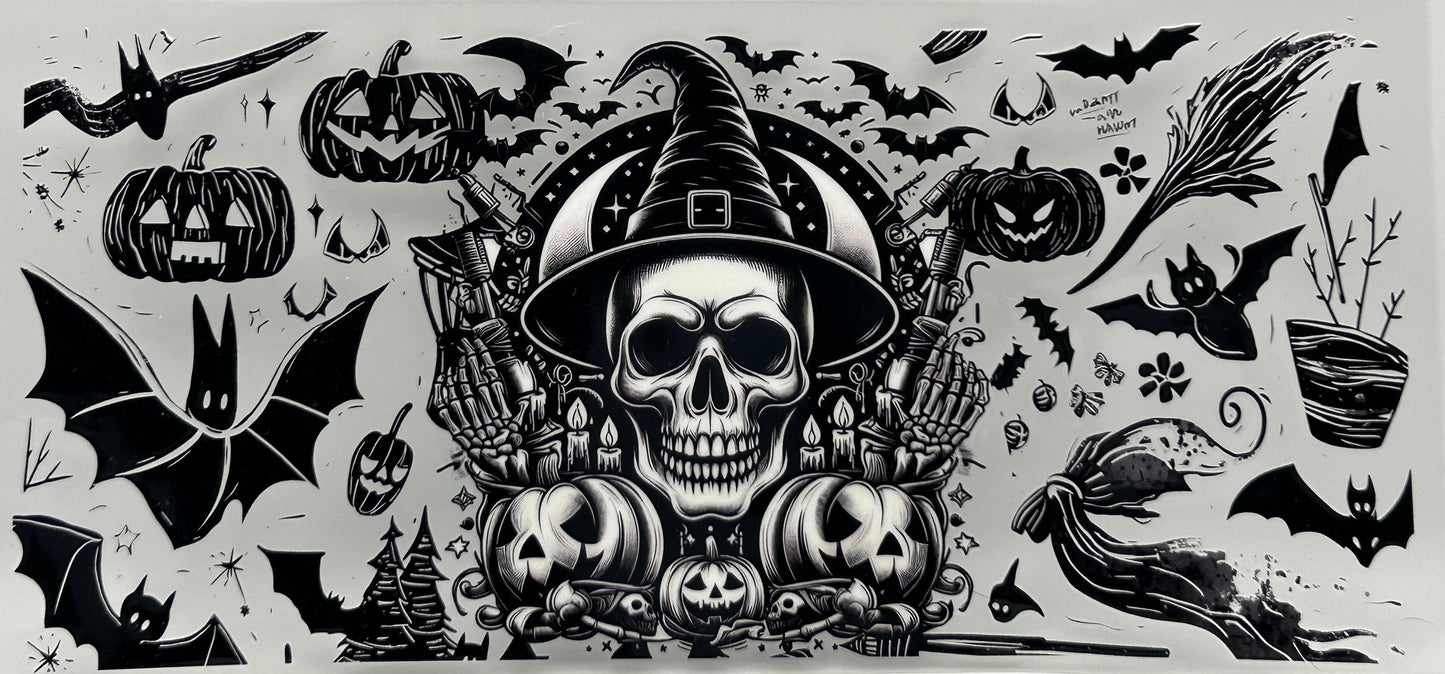 Skull, pumpkins and bats