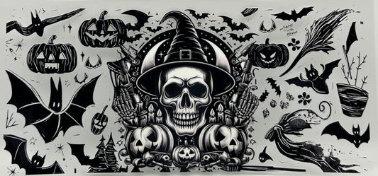 Skull, pumpkins and bats