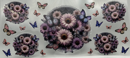 Shades of purple flowers with butterflies